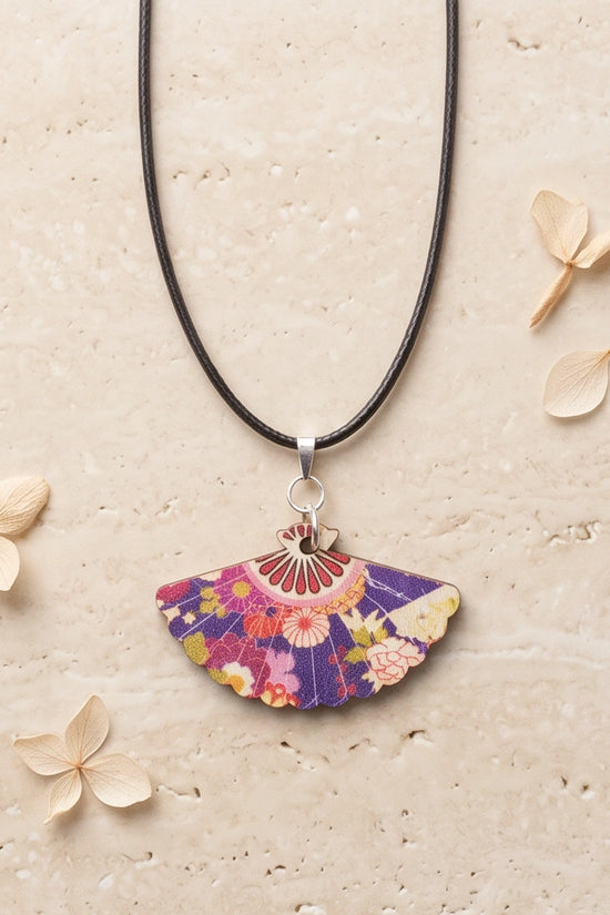 Vintage Purple Floral Hand-Fan Pendant Necklace