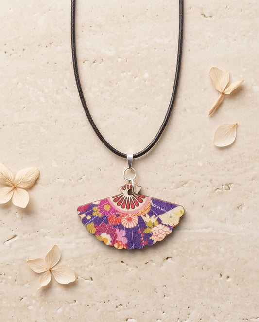 Vintage Purple Floral Hand-Fan Pendant Necklace