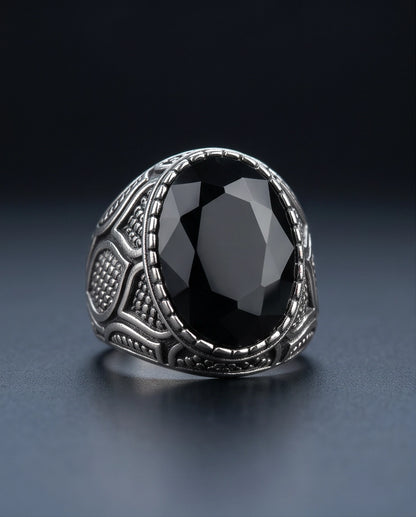 Black Gemstone Beaded Bezel Scale-Lattice Silver Ring