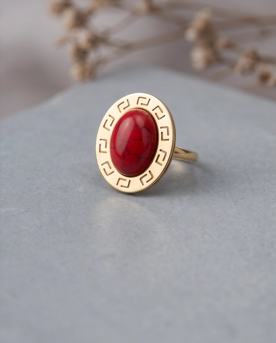 Solstice Greek Key Crimson Cabochon Ring