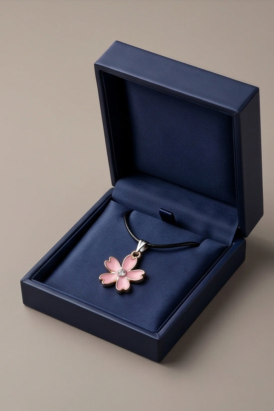 Pink Cherry Blossom Enamel Pendant Necklace with Crystal Accent