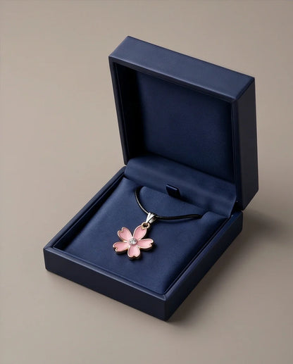 Pink Cherry Blossom Enamel Pendant Necklace with Crystal Accent