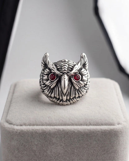 Red-Eyed Sculpted Owl Signet Ring