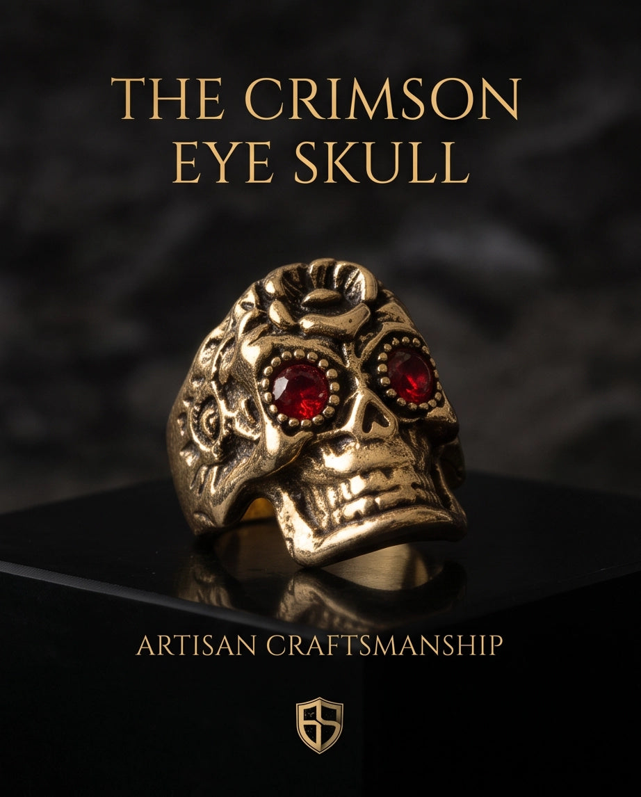 Ruby-Eyed Beaded Bezel Filigree Skull Gold Ring