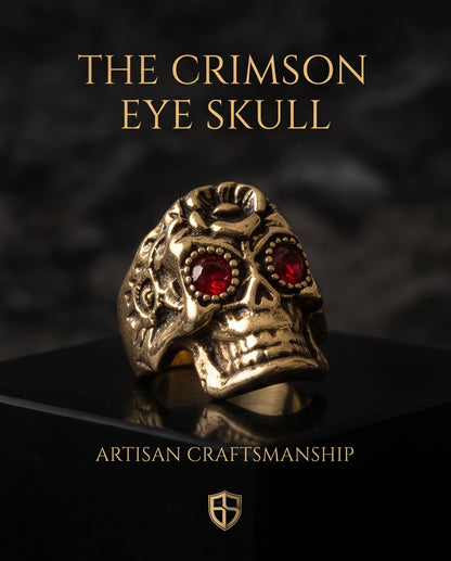 Ruby-Eyed Beaded Bezel Filigree Skull Gold Ring