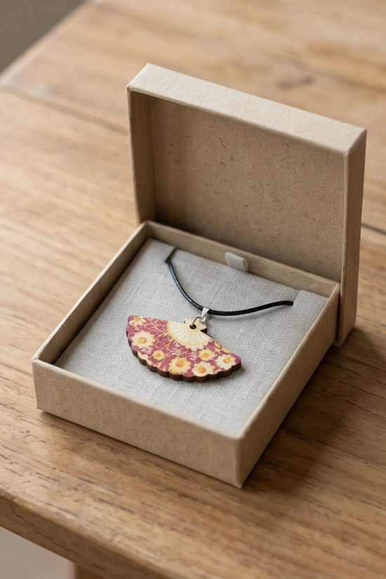Vintage Burgundy & Gold Floral Hand-Fan Pendant Necklace