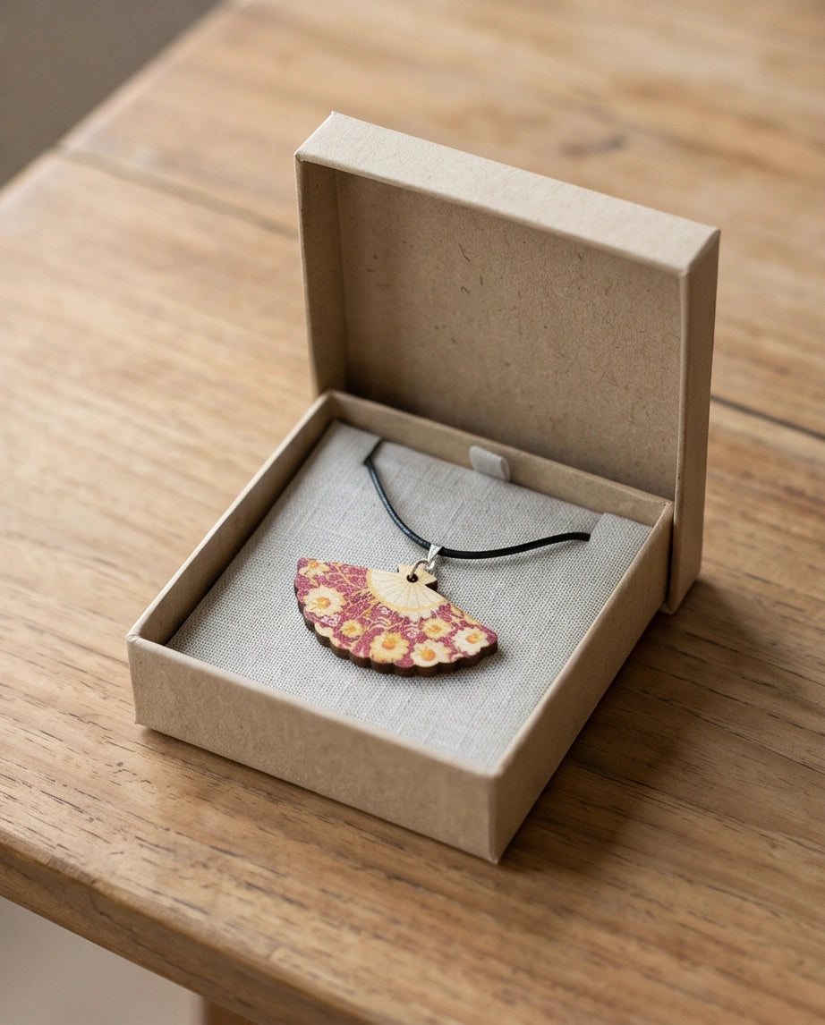 Vintage Burgundy & Gold Floral Hand-Fan Pendant Necklace
