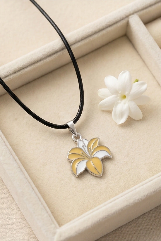 Elegant Pastel Yellow and White Lily Enamel Pendant Necklace