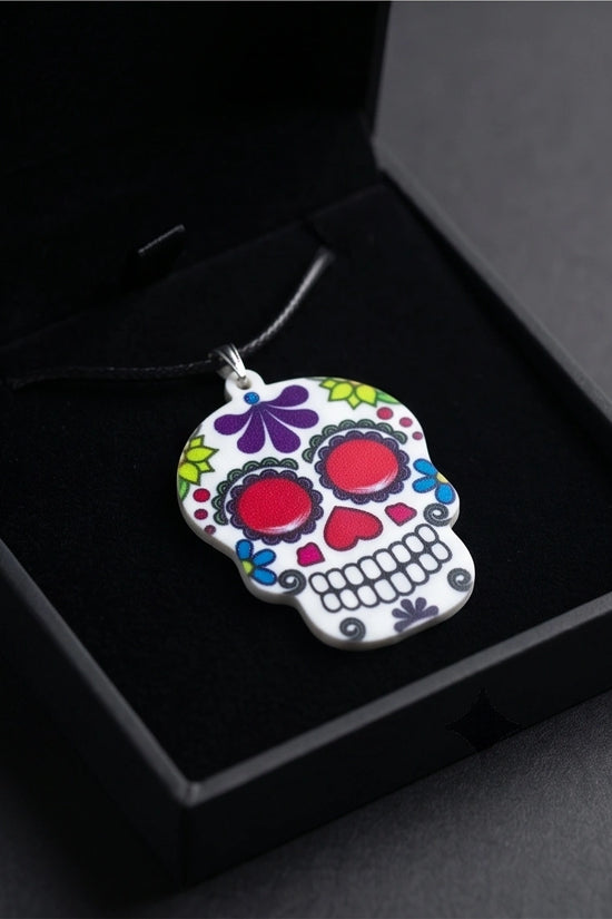 Vibrant Sugar Skull Día de los Muertos Pendant Necklace