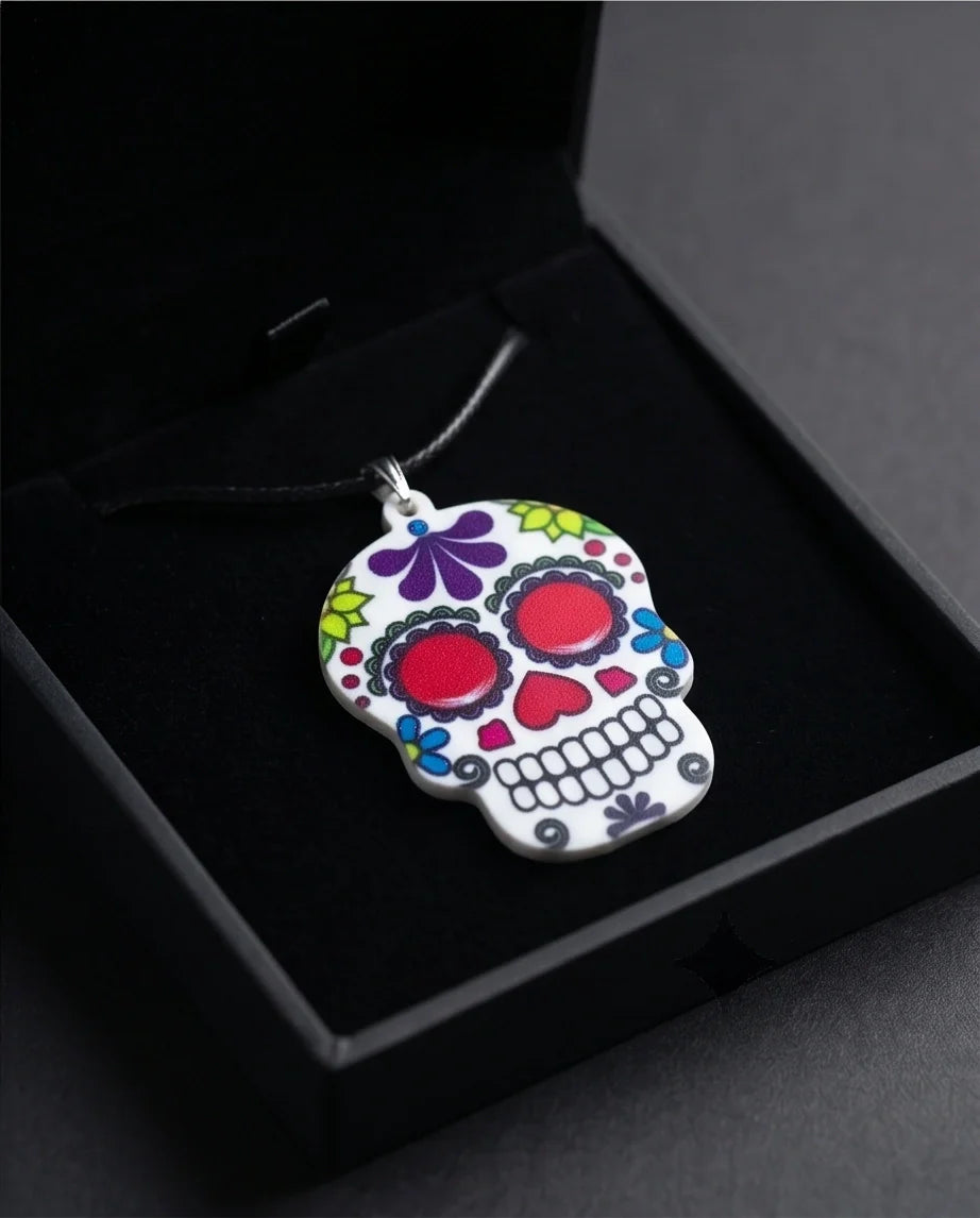 Vibrant Sugar Skull Día de los Muertos Pendant Necklace