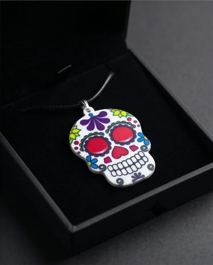 Vibrant Sugar Skull Día de los Muertos Pendant Necklace