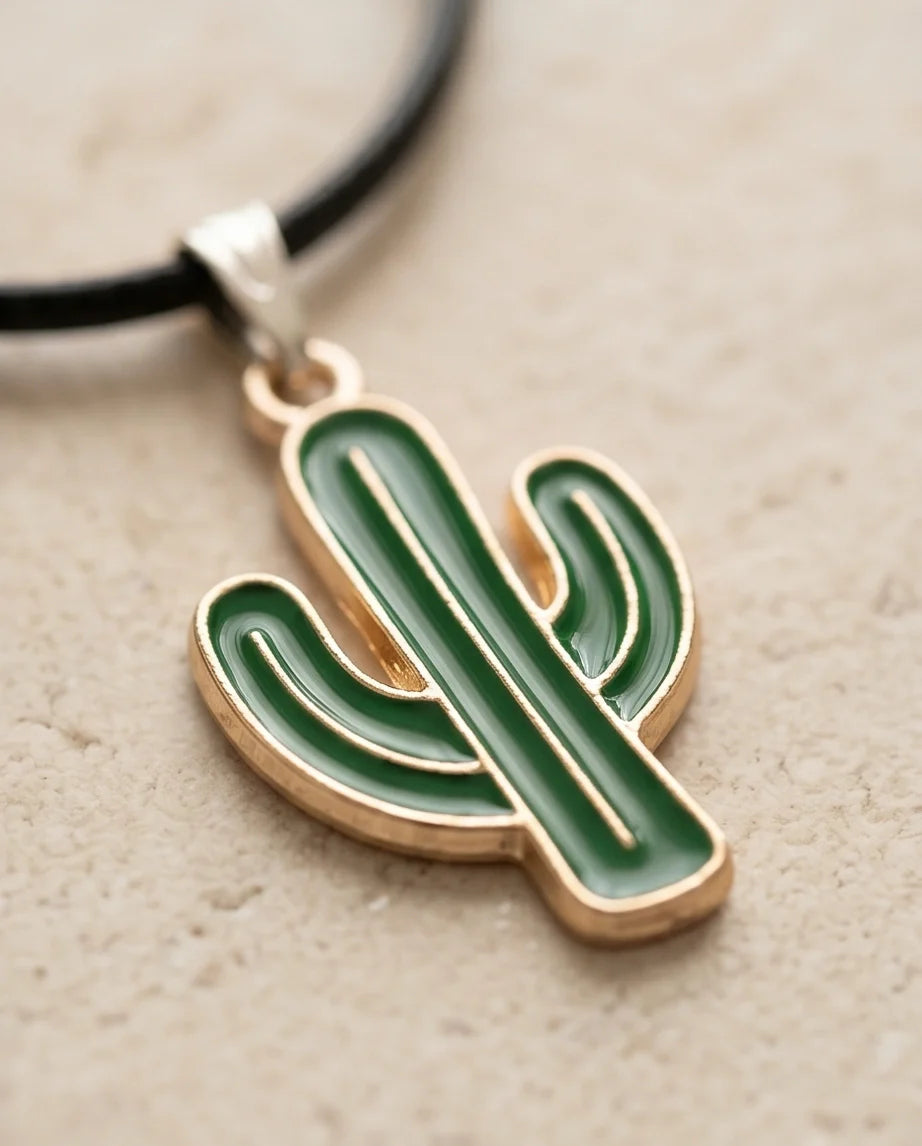Gold and Green Cactus Pendant Necklace