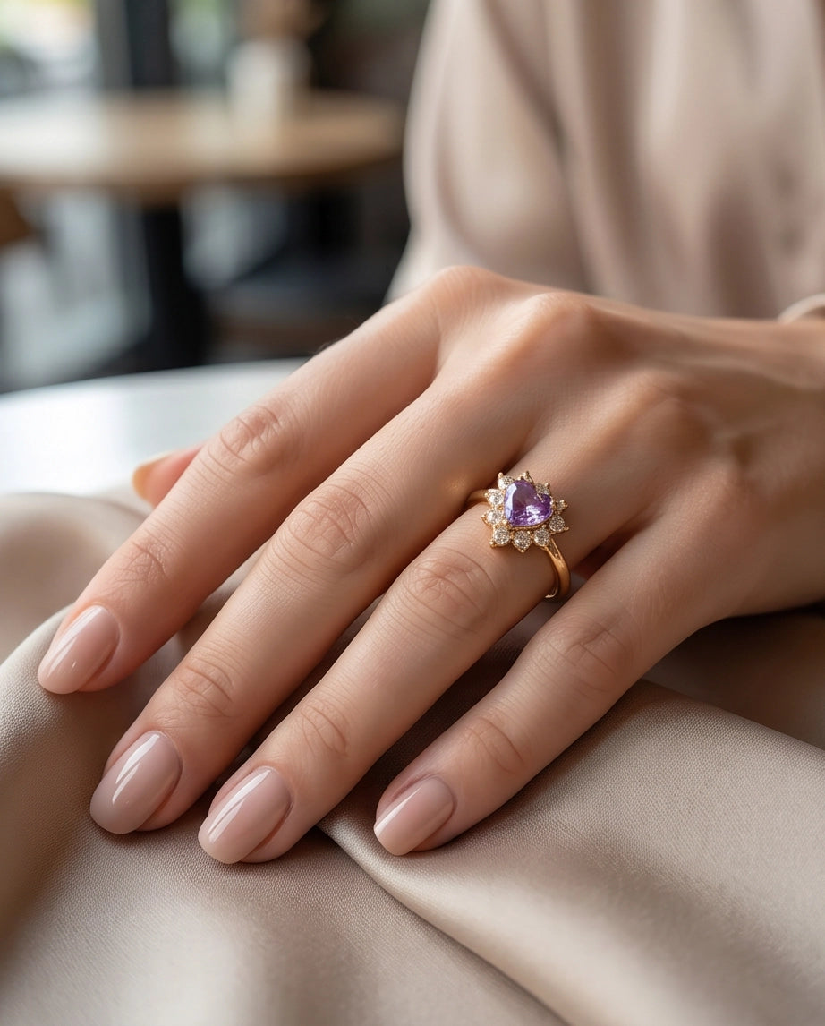 Gold Purple Heart Gemstone Halo Ring