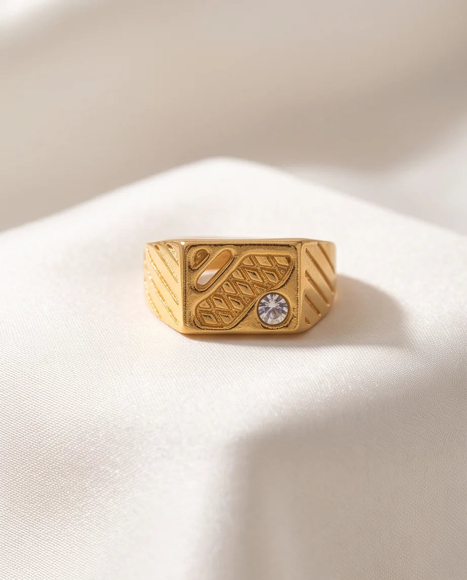 Abstract Textured Multi-Inlay Asymmetrical Signet Gold Ring