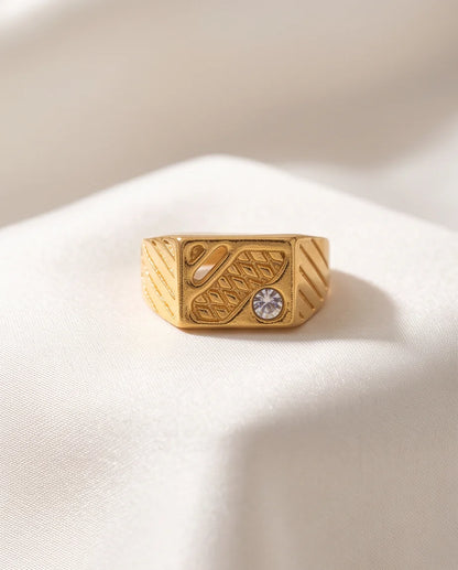 Abstract Textured Multi-Inlay Asymmetrical Signet Gold Ring