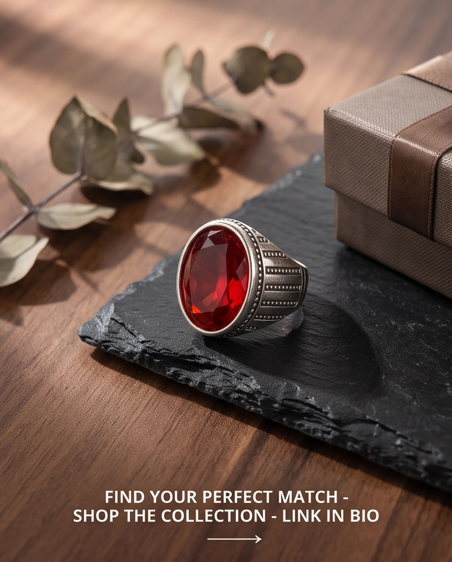 Ruby Gemstone Beaded Surround Vertical Ribbed Silver Ring