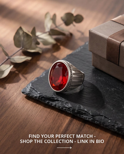 Ruby Gemstone Beaded Surround Vertical Ribbed Silver Ring