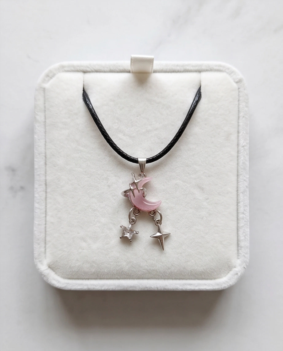 Celestial Pink Moon & Dangle Stars Necklace