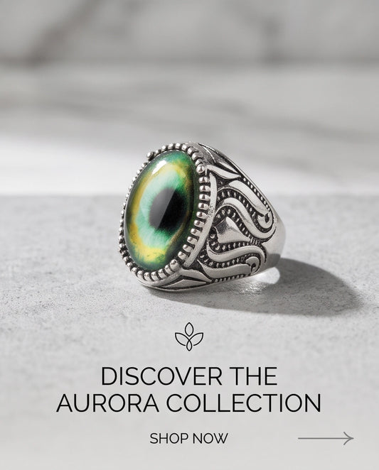 Emerald-Yellow Cat-Eye Cabochon Ornate Scrollwork Silver Ring