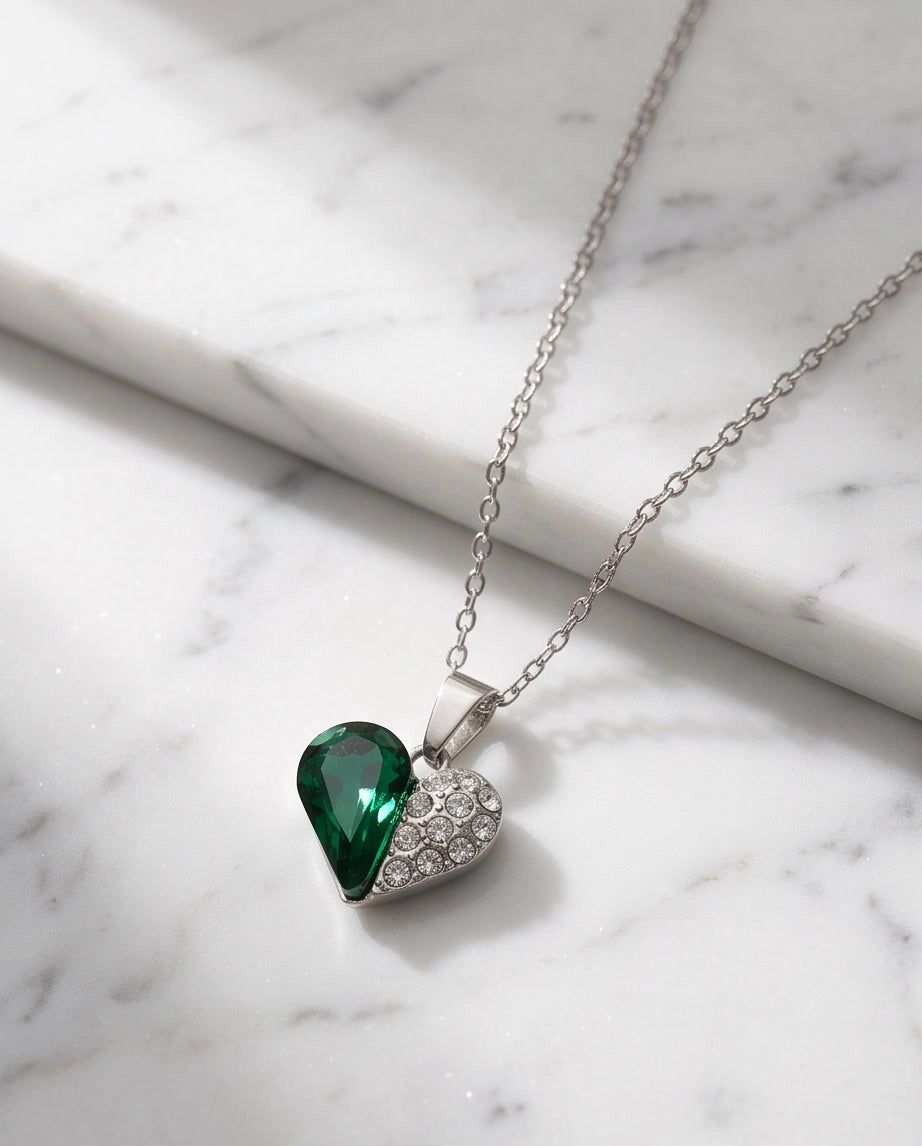 Silver Emerald Heart Pavé Pendant Necklace