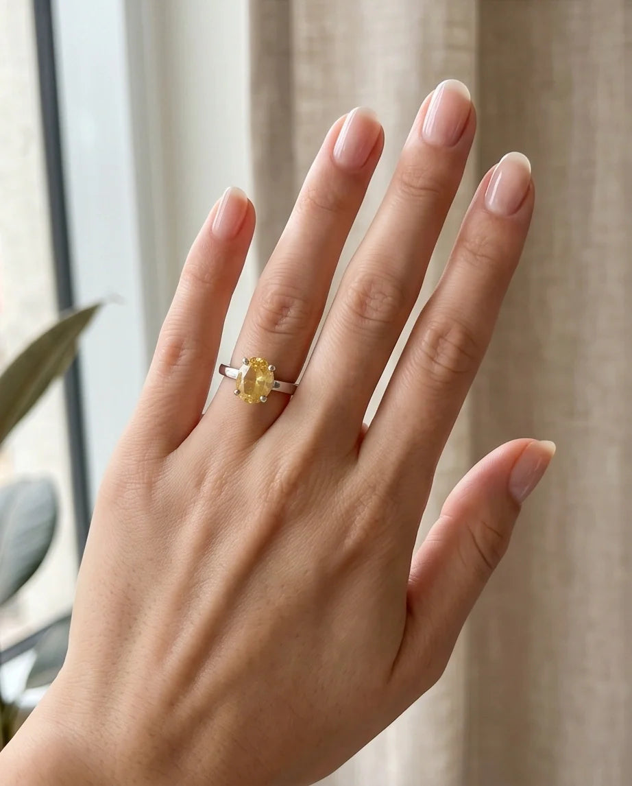 Sterling Silver Oval Yellow Citrine Solitaire Ring