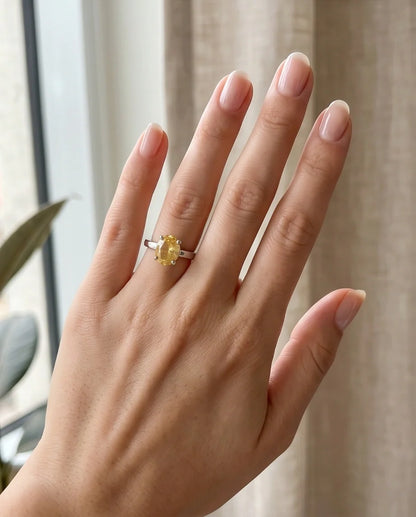 Sterling Silver Oval Yellow Citrine Solitaire Ring