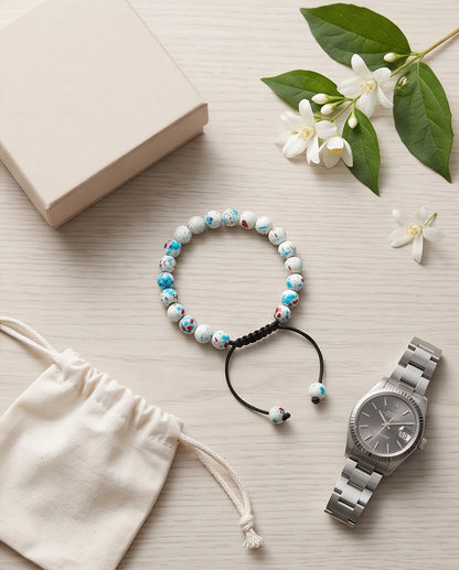 Splatter Paint White Ceramic Beaded Adjustable Macrame Bracelet