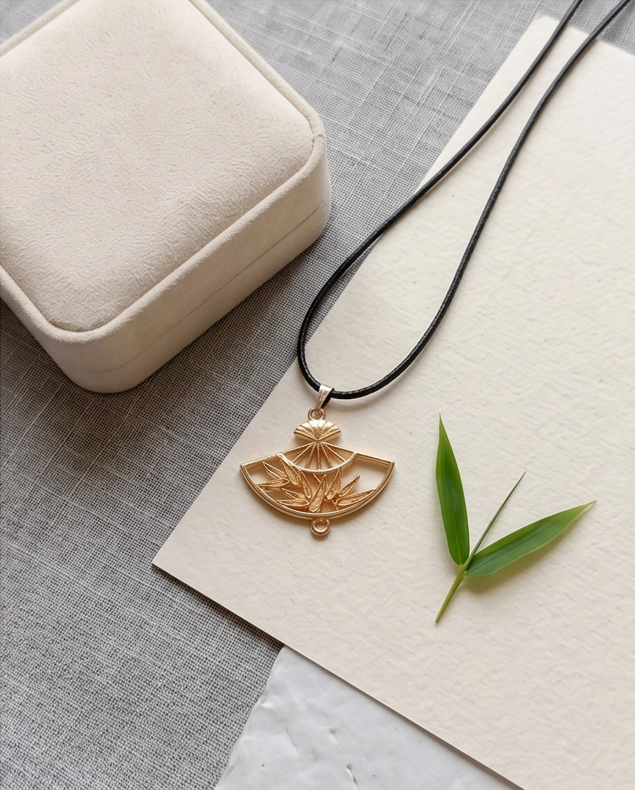 All-Gold Bamboo Fan Pendant Necklace