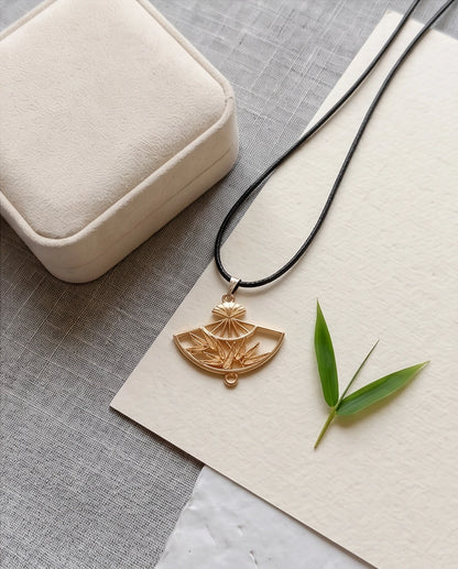 All-Gold Bamboo Fan Pendant Necklace