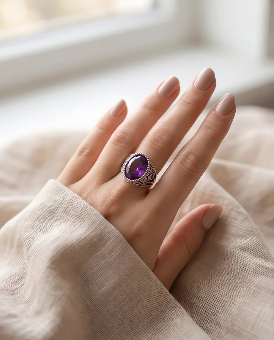 Violet Gemstone Beaded Frame Filigree Silver Ring