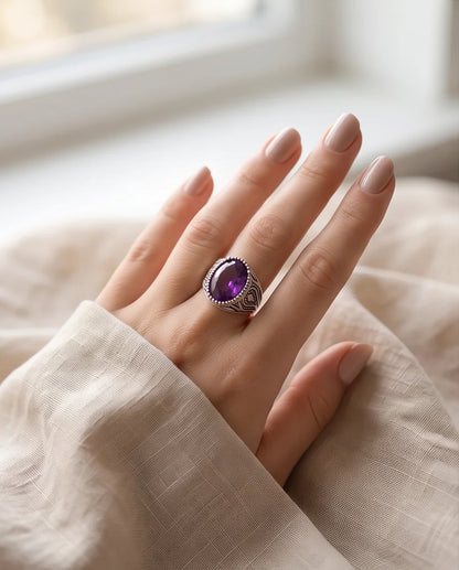 Violet Gemstone Beaded Frame Filigree Silver Ring