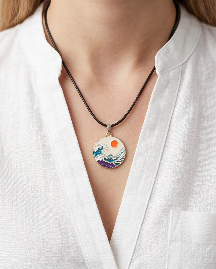 Great Wave & Sun Medallion Pendant Necklace
