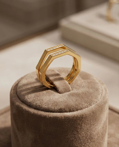 Gold Dual Geometric Bar Micro-Pavé Ring