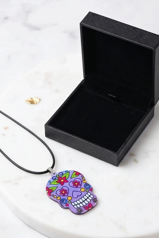 Vibrant Purple Sugar Skull Día de los Muertos Pendant Necklace