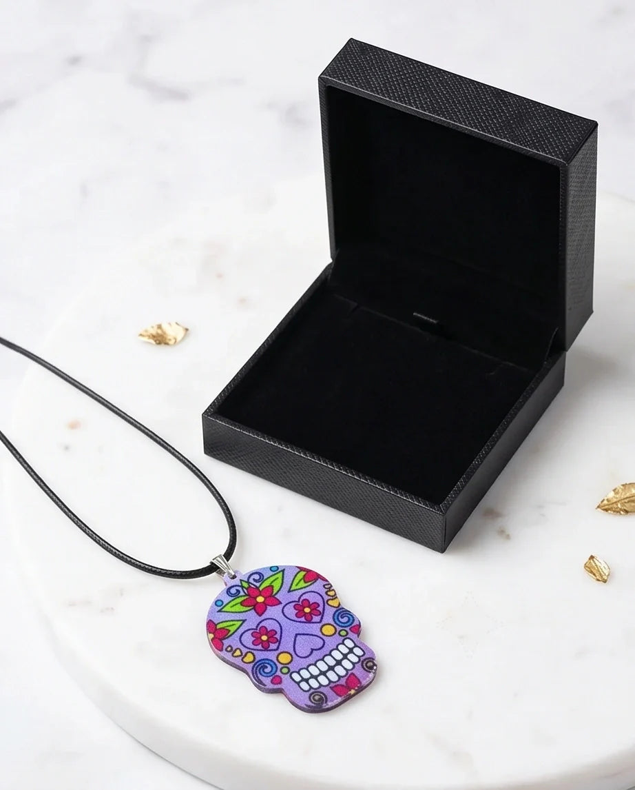 Vibrant Purple Sugar Skull Día de los Muertos Pendant Necklace