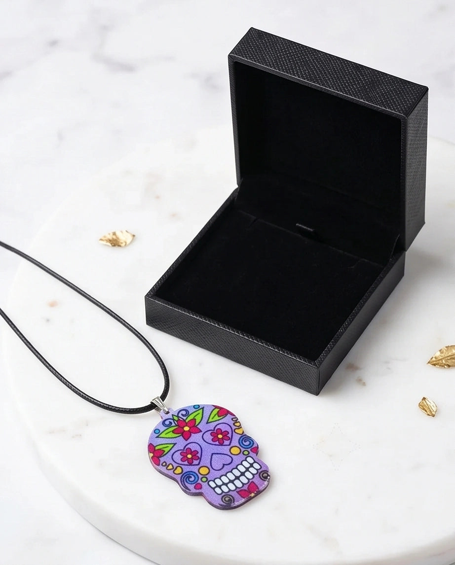 Vibrant Purple Sugar Skull Día de los Muertos Pendant Necklace