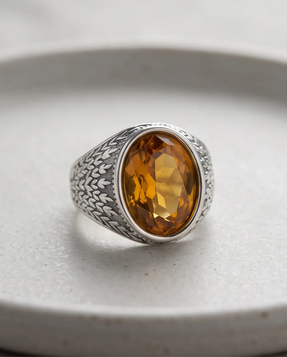 Citrine Gemstone Laurel Bezel Dragon-Scale Silver Ring