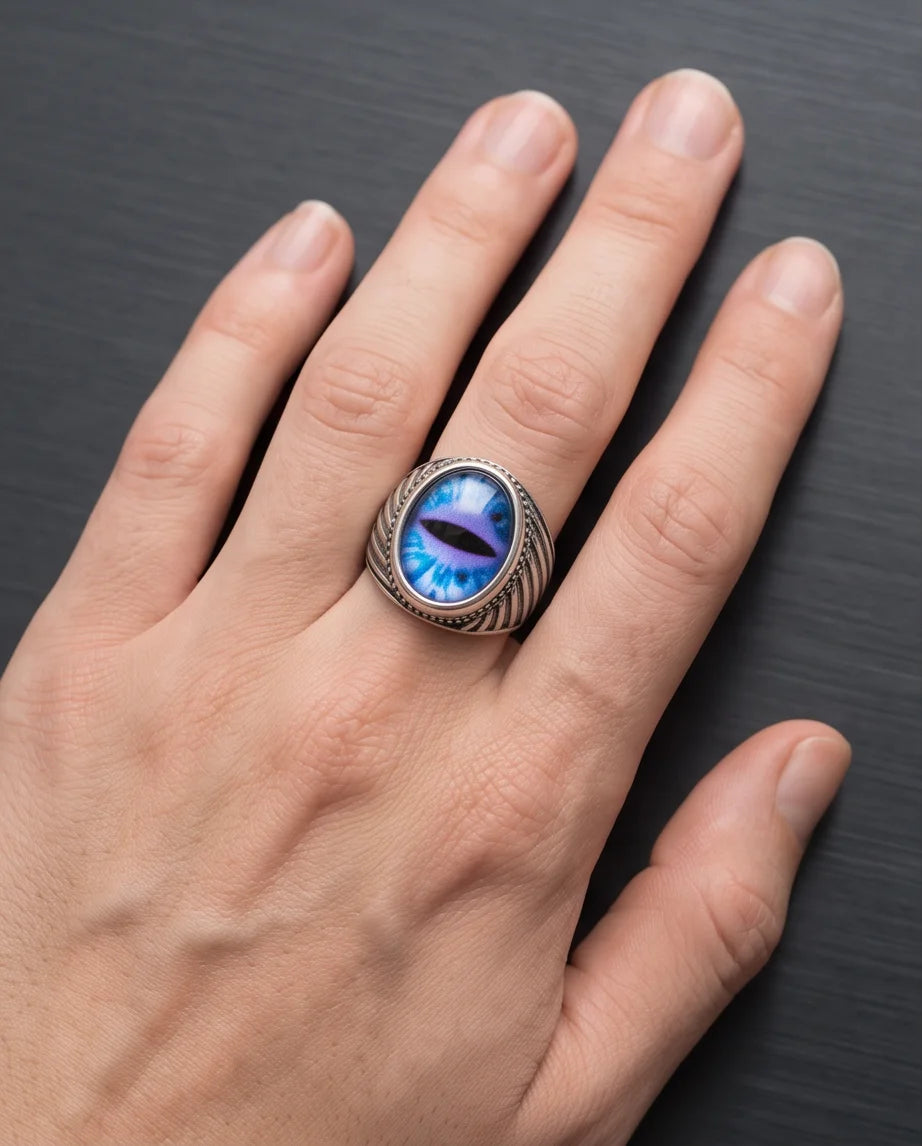 Sapphire Frost Slit-Pupil Beaded Silver Ring