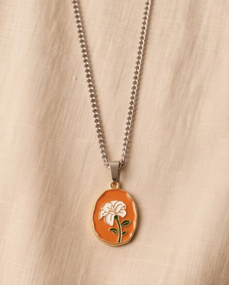 Gold Peach White Flower Enamel Medallion Chain Necklace