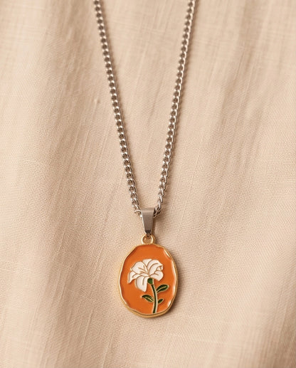 Gold Peach White Flower Enamel Medallion Chain Necklace