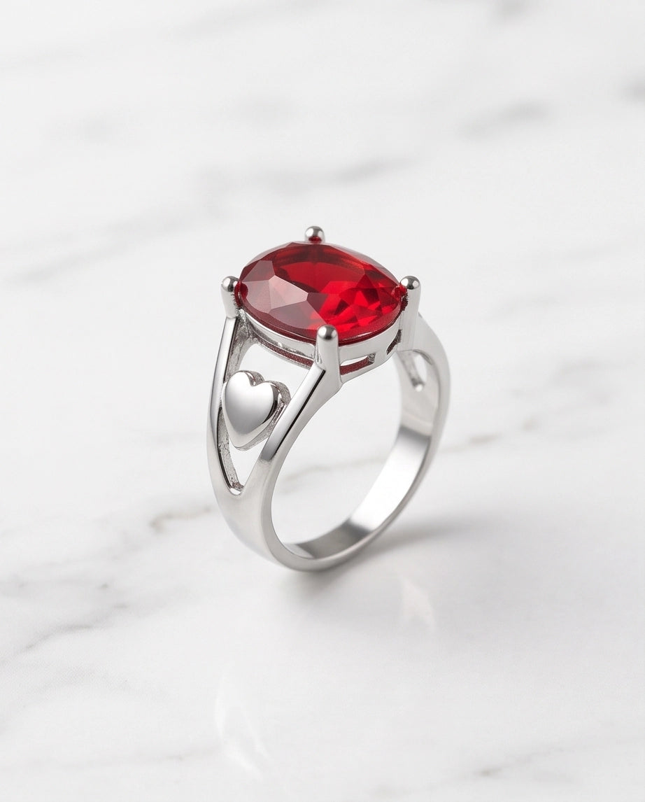 Silver Oval Ruby Heart Detail Solitaire Ring