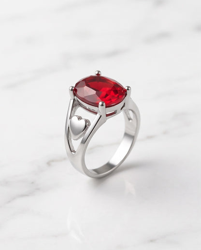 Silver Oval Ruby Heart Detail Solitaire Ring