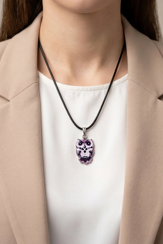 Mystical Purple Watercolor Owl Totem Pendant Necklace