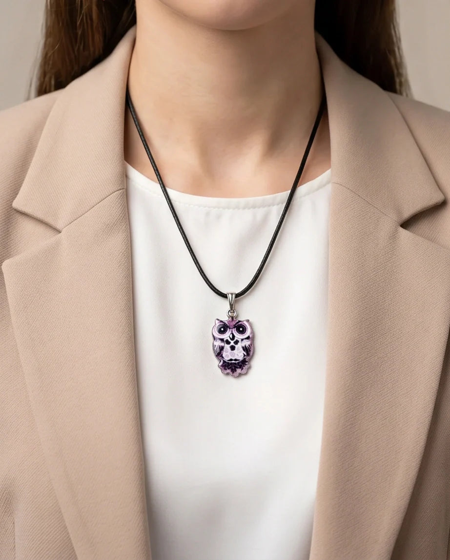Mystical Purple Watercolor Owl Totem Pendant Necklace