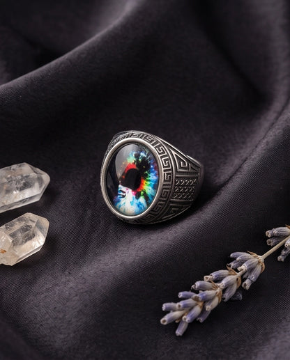 Cosmic Multi-Color Tie-Dye Cabochon Greek Key Silver Ring