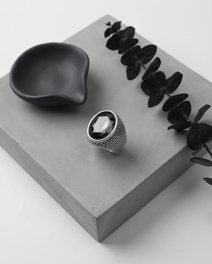 Onyx Gemstone Brickwork Mesh Silver Ring