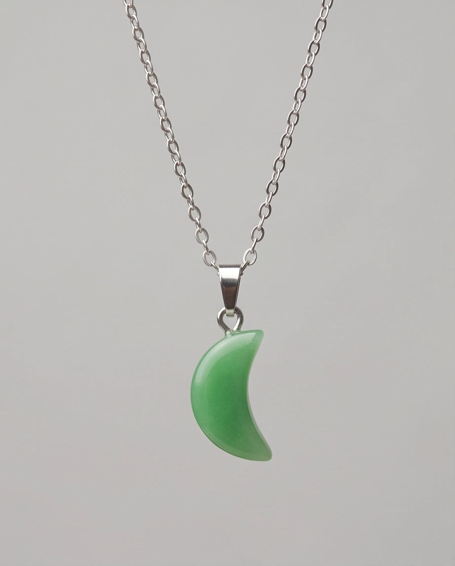 Silver Jade Green Crescent Moon Pendant Necklace