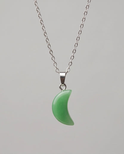 Silver Jade Green Crescent Moon Pendant Necklace