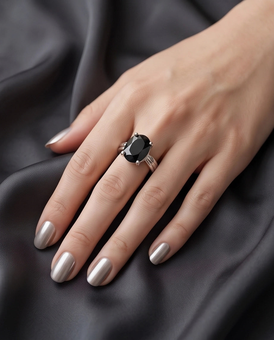 Silver Oval Onyx Gemstone Solitaire Ring