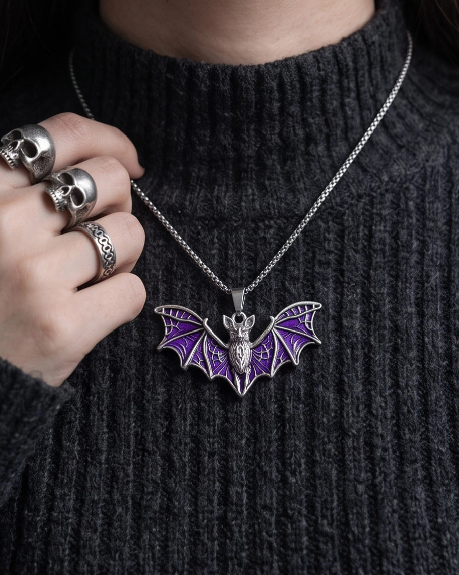 Silver Purple Enamel Flying Bat Pendant Necklace